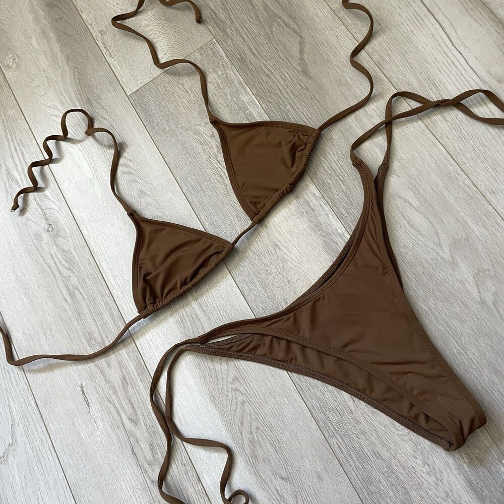 SXA Cheeky Bikini triangle halter cheeky high cut womens Brown medium large swim